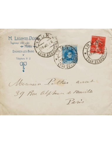 Franqueo Mixto. Sobre 248. 1908. 25 cts azul y 10 cts rojo de Francia. IRUN a PARIS. El remitente aplicó el sello francés para
