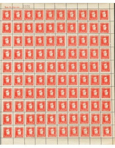 Guerra Civil. Locales. **. 1936. 6 pts rojo, pliego completo de cien sellos. MAGNIFICO Y MUY RARO. (Allepuz 9)