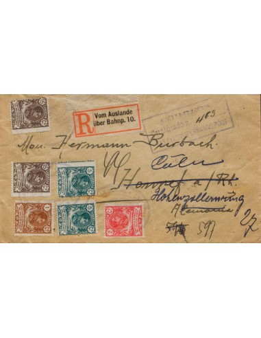 Guinea. Sobre 59(3), 60(4), 61(2), 63(2). 1909. 1 cts castaño, tres sellos, 2 cts rosa, cuatro sellos, 5 cts verde, dos sellos