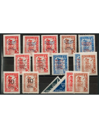 Guerra Civil. Locales. *. (1936ca). Espectacular conjunto de sellos Locales Benéficos de Tafalla, dentados y sin dentar y algu