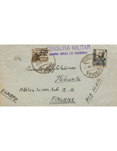 Canarias. Sobre 22, 825. 1937. 1´25 pts sobre 5 cts castaño y 50 cts azul. SANTA CRUZ DE TENERIFE a HELSINKI (FINLANDIA). Al d