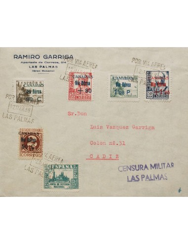 Canarias. Sobre 44/46, 50/51. 1938. Diversos valores. Certificado de LAS PALMAS a CADIZ. Al dorso llegada. MAGNIFICA Y RARA.
