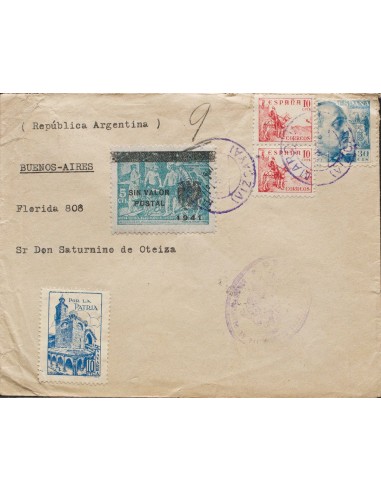 País Vasco. Historia Postal. Sobre 924, 917(2). 1944. 30 cts azul, 10 cts rosa, dos sellos, viñeta de 5 cts verde azul SIN VAL