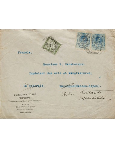 Franqueo Mixto. Sobre 274(2). 1923. 25 cts azul, dos sellos. PONFERRADA (LEON) a MANESQUE (FRANCIA), y reexpedida a la "lista"
