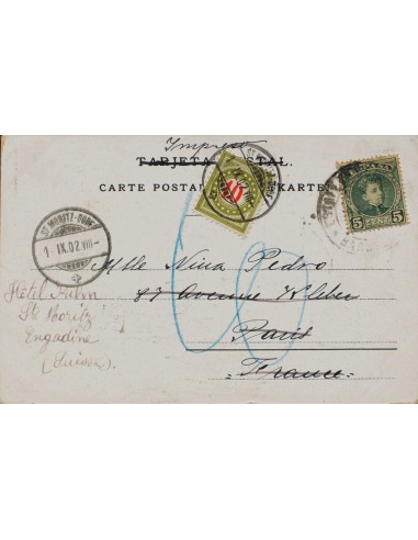 Franqueo Mixto. Sobre 242. 1902. 5 cts verde. Tarjeta Postal de BARCELONA a PARIS (FRANCIA), reexpedida a SAINT MORITZ (SUIZA)
