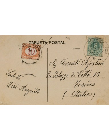 Franqueo Mixto. Sobre 268. 1913. 5 cts verde. Tarjeta Postal de VALENCIA a TURIN (ITALIA). Tasada a la llegada con 10 cts apli