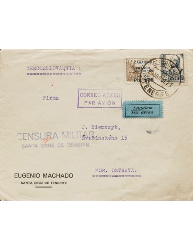 Canarias. Sobre 13. 1937. 1´25 pts sobre 5 cts castaño y 50 cts azul. SANTA CRUZ DE TENERIFE a OSTRAVA (CHECOSLOVAQUIA). MAGNI