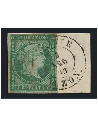 Filipinas. º6a. 1866. 1 real verde, sobre fragmento. Matasello CAVITE / LUZON. MAGNIFICO Y RARO.