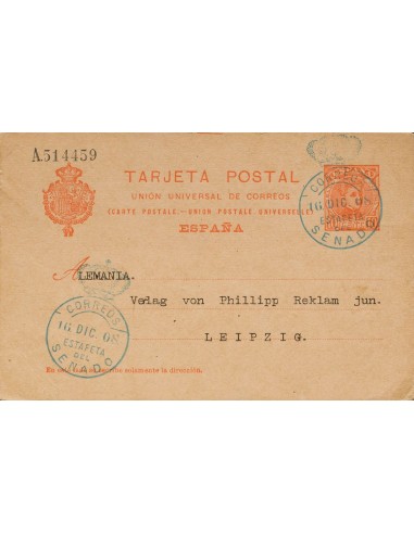 Franquicia. Sobre EP47. 1908. 10 cts naranja sobre Tarjeta Entero Postal de MADRID a LEIPZIG. Matasello CORREOS / ESTAFETA / D