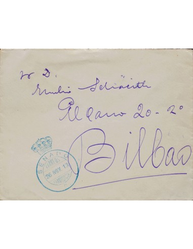 Franquicia. Sobre . 1913. MADRID a BILBAO. Marca de franquicia SENADO / *, en azul. MAGNIIFICA.