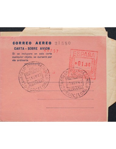 Matasello de Rodillo / Franqueo Mecánico. ºAE2cch. 1947. 1´30 pts sobre aerograma (Tipo II). ENSAYO DE COLOR, en rosa. Matasel