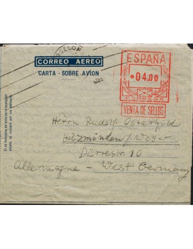 Matasello de Rodillo / Franqueo Mecánico. Sobre AE44G. 1956. 4 pts sobre aerograma gris claro (Tipo I). BARCELONA a HOLZMINDEN