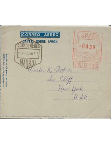 Matasello de Rodillo / Franqueo Mecánico. Sobre AE44G. 1956. 4 pts sobre aerograma gris verdoso. MADRID a NUEVA YORK (U.S.A.).