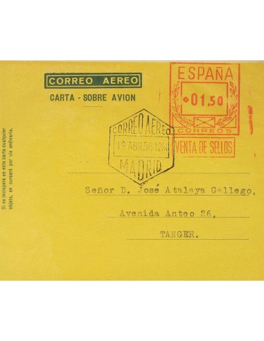Matasello de Rodillo / Franqueo Mecánico. Sobre AE57ccc. 1956. 1´50 pts sobre aerograma (Tipo I). ENSAYO DE COLOR, en amarillo