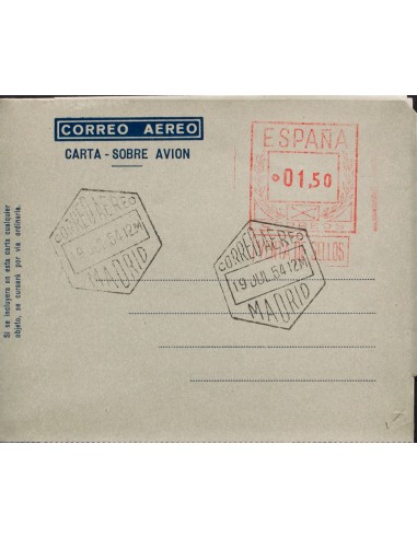 Matasello de Rodillo / Franqueo Mecánico. ºAE37. 1954. 1´50 pts sobre aerograma (Tipo I). Matasello de favor. MAGNIFICO.