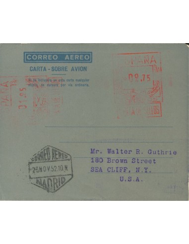 Matasello de Rodillo / Franqueo Mecánico. Sobre AE32. 1952. 2´75 pts + 1´25 pts sobre aerograma con franqueo doble. MADRID a N