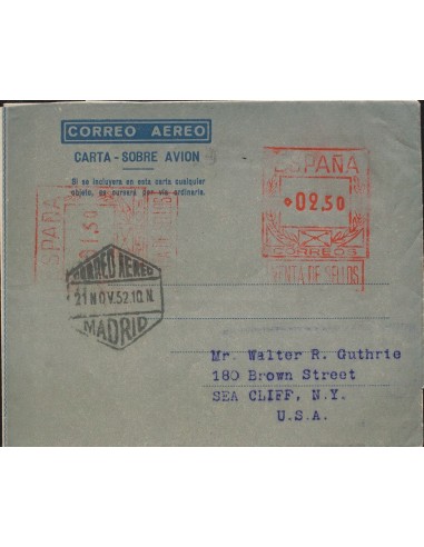 Matasello de Rodillo / Franqueo Mecánico. Sobre AE31. 1952. 2´50 pts + 1´50 pts sobre aerograma con franqueo doble. MADRID a N