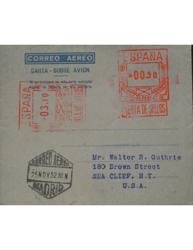 Matasello de Rodillo / Franqueo Mecánico. Sobre AE23. 1952. 0´90 pts + 3´10 pts sobre aerograma con doble franqueo. MADRID a N