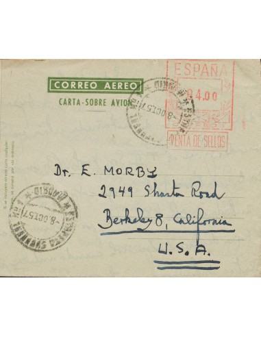 Matasello de Rodillo / Franqueo Mecánico. Sobre AE64. 1957. 4 pts sobre aerograma. MADRID a BERKELEY (U.S.A.). MAGNIFICO.