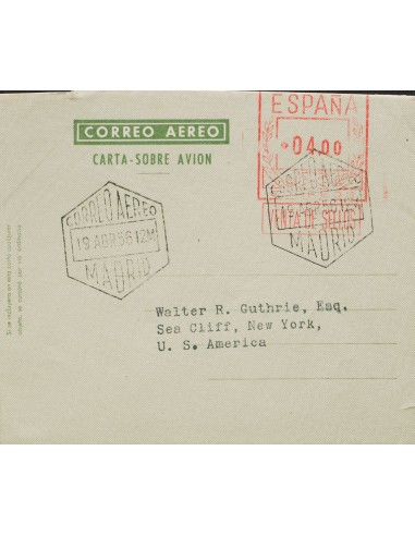 Matasello de Rodillo / Franqueo Mecánico. Sobre AE64. 1956. 4 pts sobre aerograma. MADRID a NUEVA YORK (U.S.A.). MAGNIFICO.
