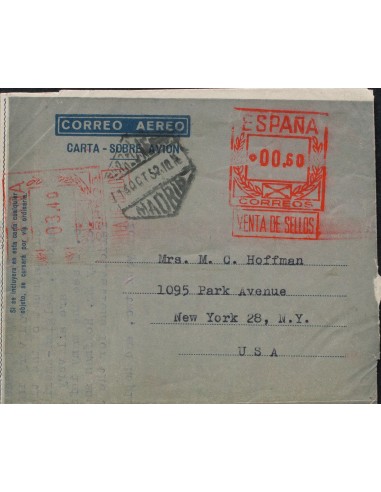 Matasello de Rodillo / Franqueo Mecánico. Sobre AE48. 1952. 0´60 pts + 3´40 pts sobre aerograma con doble franqueo. MADRID a N