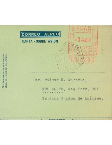 Matasello de Rodillo / Franqueo Mecánico. ºAE58cc. 1956. 4 pts sobre aerograma. ENSAYO DE COLOR, en verde claro. MADRID a NUEV