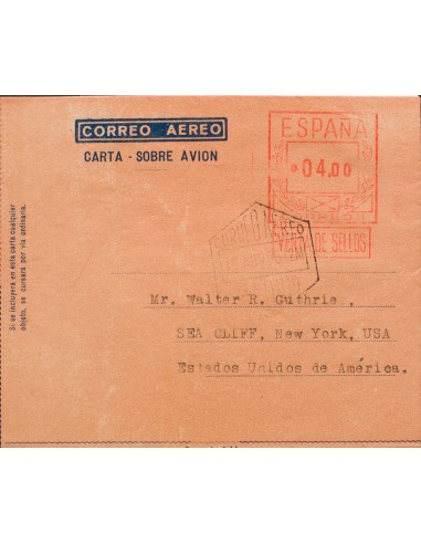 Matasello de Rodillo / Franqueo Mecánico. Sobre AE58ccb. 1956. 4 pts sobre aerograma. ENSAYO DE COLOR, en salmón. MADRID a NUE