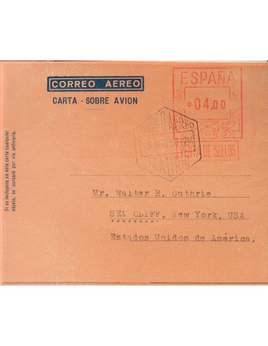 Matasello de Rodillo / Franqueo Mecánico. Sobre AE58ccb. 1956. 4 pts sobre aerograma. ENSAYO DE COLOR, en salmón. MADRID a NUE