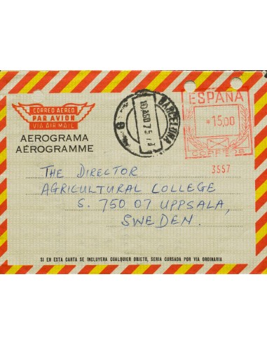 Matasello de Rodillo / Franqueo Mecánico. Sobre AE115. 1975. 15 pts sobre aerograma (Tipo IV). BARCELONA a UPPSALA (SUECIA). M