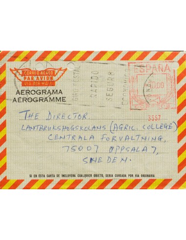 Matasello de Rodillo / Franqueo Mecánico. Sobre AE112. 1975. 10 pts sobre aerograma (Tipo IV). BADALONA a UPPSALA (SUECIA). MA