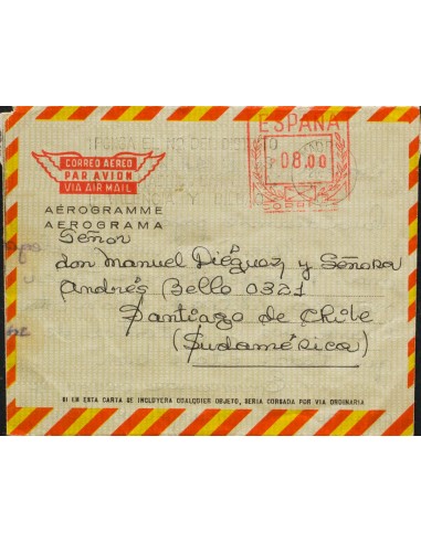 Matasello de Rodillo / Franqueo Mecánico. Sobre AE83A. 1975. 8 pts sobre aerograma (Tipo II). MADRID a SANTIAGO DE CHILE. Al d