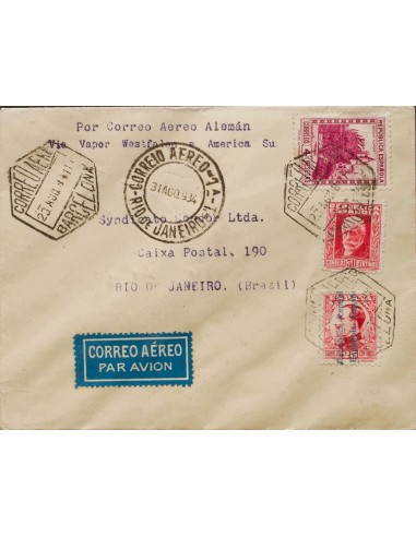 República Española Correo Aéreo. Sobre 674, 734, 598. 1934. 4 pts lila, 30 cts carmín y 25 cts carmín. Correo Aéreo VUELO CATA