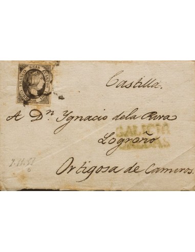 Galicia. Historia Postal. Sobre 6. 1851. 6 cuartos negro. CALDAS DE REIS (PONTEVEDRA) a ORTIGOSA DE CAMEROS. En el frente marc