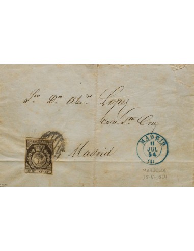 Isabel II. Periodo Sin Dentar. Sobre 22. 1854. 1 cuarto bronce. MARSELLA (FRANCIA) a MADRID, depositada en el correo de Madrid