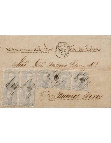 Amadeo I. Sobre 122(7). 1872. 12 cts lila gris, siete sellos. RIVADEO (LUGO) a BUENOS AIRES (ARGENTINA). En el frente manuscri