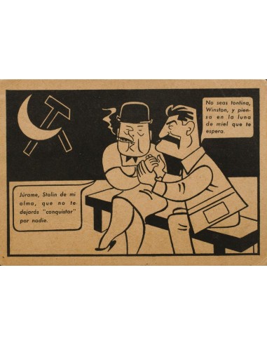 Guerra Civil. Postal Nacional. Sobre . 1943. Tarjeta Postal Ilustrada del PARTIDO COMUNISTA (Churchill y Stalin) de VALENCIA a