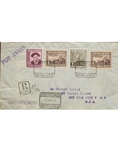Andorra. Sobre 59(2), 45, 48. 1951. 1 pts violeta, dos sellos, 2 cts oliva y 20 cts lila castaño. Certificado de ANDORRA LA VI