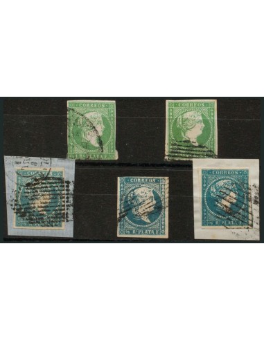 Cuba. ºAnt.7F(3), Ant.8F(2). 1857. Interesante conjunto de tres sellos de ½ real azul y dos de 1 real verde todos ellos FALSOS