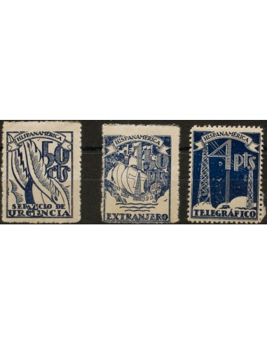 Guerra Civil. Viñeta. *. (1940ca). 50 cts azul SERVICIO DE URGENCIA, 1´50 pts azul EXTRANJERO y 4 pts azul TELEGRAFICO. MAGNIF