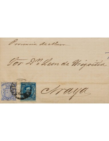 Alfonso XII. Sobre 175. 1876. 10 cts azul y Fiscal de 5 cts azul IMPUESTO DE VENTAS. SANTANDER a ARAYA (ALAVA). MAGNIFICA Y RA