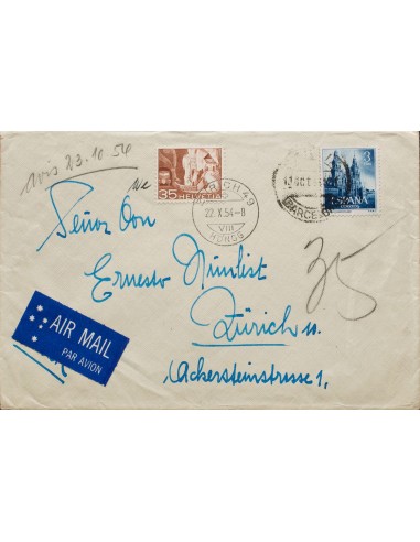 Franqueo Mixto. Sobre 1131. 1954. 3 pts azul. BARCELONA a ZURICH (SUIZA). Tasada a la llegada aplicando sello de Suiza de 35 c