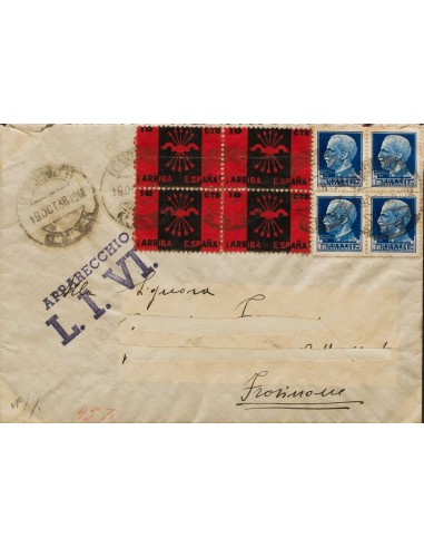Guerra Civil. Voluntario Italiano. Sobre . 1938. 1´25 liras azul de Italia, cuatro sellos y viñeta de Falange de 10 cts negro