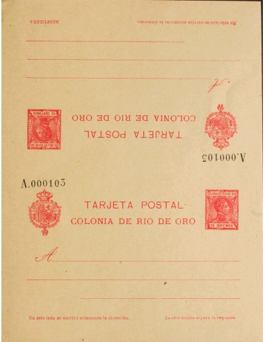 Río de Oro. (*)EP4. 1907. 10 cts + 10 cts carmín sobre Tarjeta Entero Postal, de ida y vuelta. MAGNIFICA Y RARA.