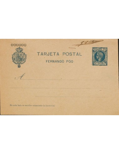 Fernando Poo. Entero Postal. (*)EP17M. 1903. 10 cts azul sobre Tarjeta Entero Postal Nº000000. MAGNIFICA.