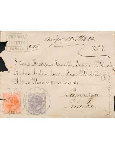 Castilla y León. Historia Postal. Sobre 210, 212. 1884. 15 cts naranja y 75 cts violeta. Certificado de BURGOS a PRESENCIO (BU