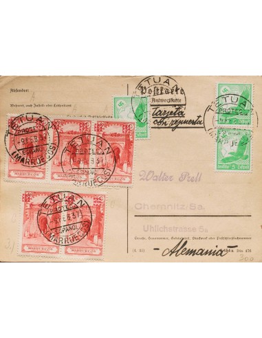 Marruecos. Sobre 164(5). 1937. 5 cts sobre 25 cts rojo y 5 cts verde amarillo de Alemania, tres sellos. Tarjeta Postal de TETU