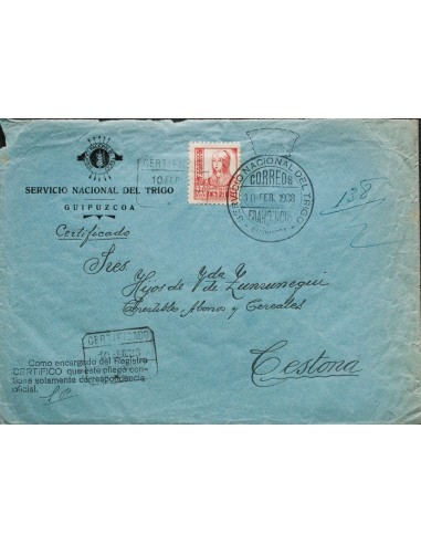 Guerra Civil. Bando Nacional Correo Certificado. Sobre 823. 1938. 30 cts rosa. Certificado de SAN SEBASTIAN a CESTONA. Marca d