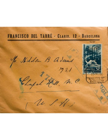 República Española Correo Certificado. Sobre 774. 1938. 1´25 pts azul. Certificado de BARCELONA a CHAFIEL HILL (U.S.A.). Al do