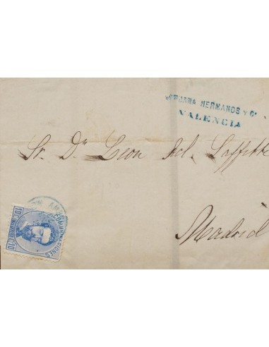 Ambulante. Historia Postal. Sobre 121. 1873. 10 cts ultramar. VALENCIA a MADRID. Matasello AMBULANTE / MEDITERRANEO, en azul.