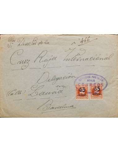 Guerra Civil. Bando Republicano. Sobre 744(2). (1938ca). 45 cts sobre 2 cts castaño, dos sellos. Dirigida a BARCELONA. Matasel